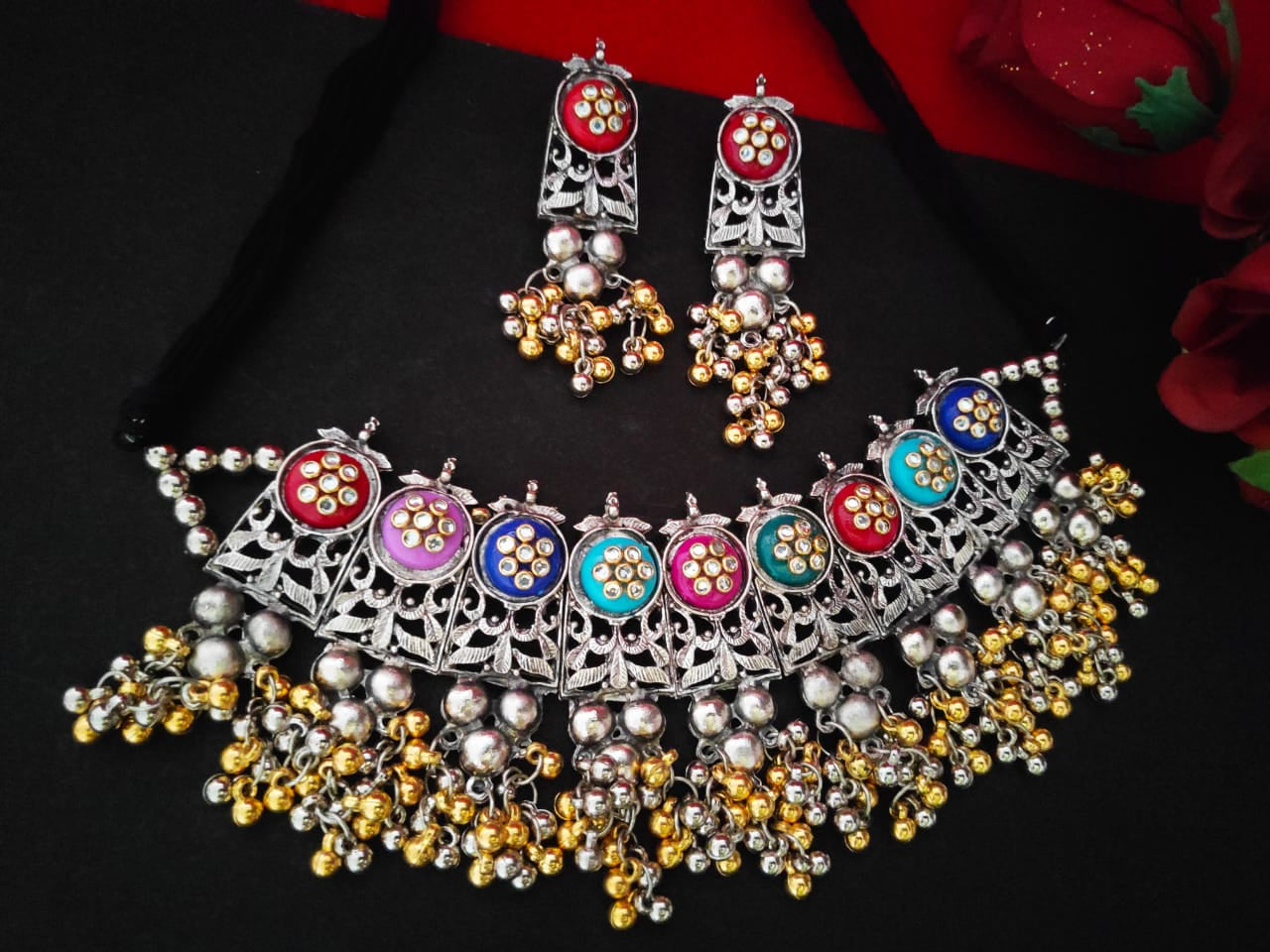 Harshali Dual Shade Oxidised Necklace Set