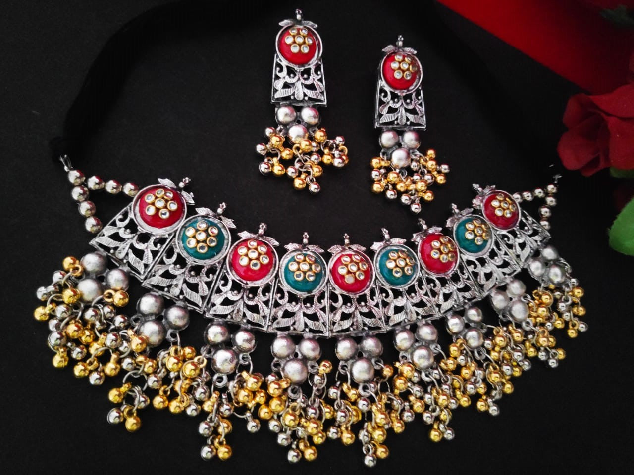 Harshali Dual Shade Oxidised Necklace Set