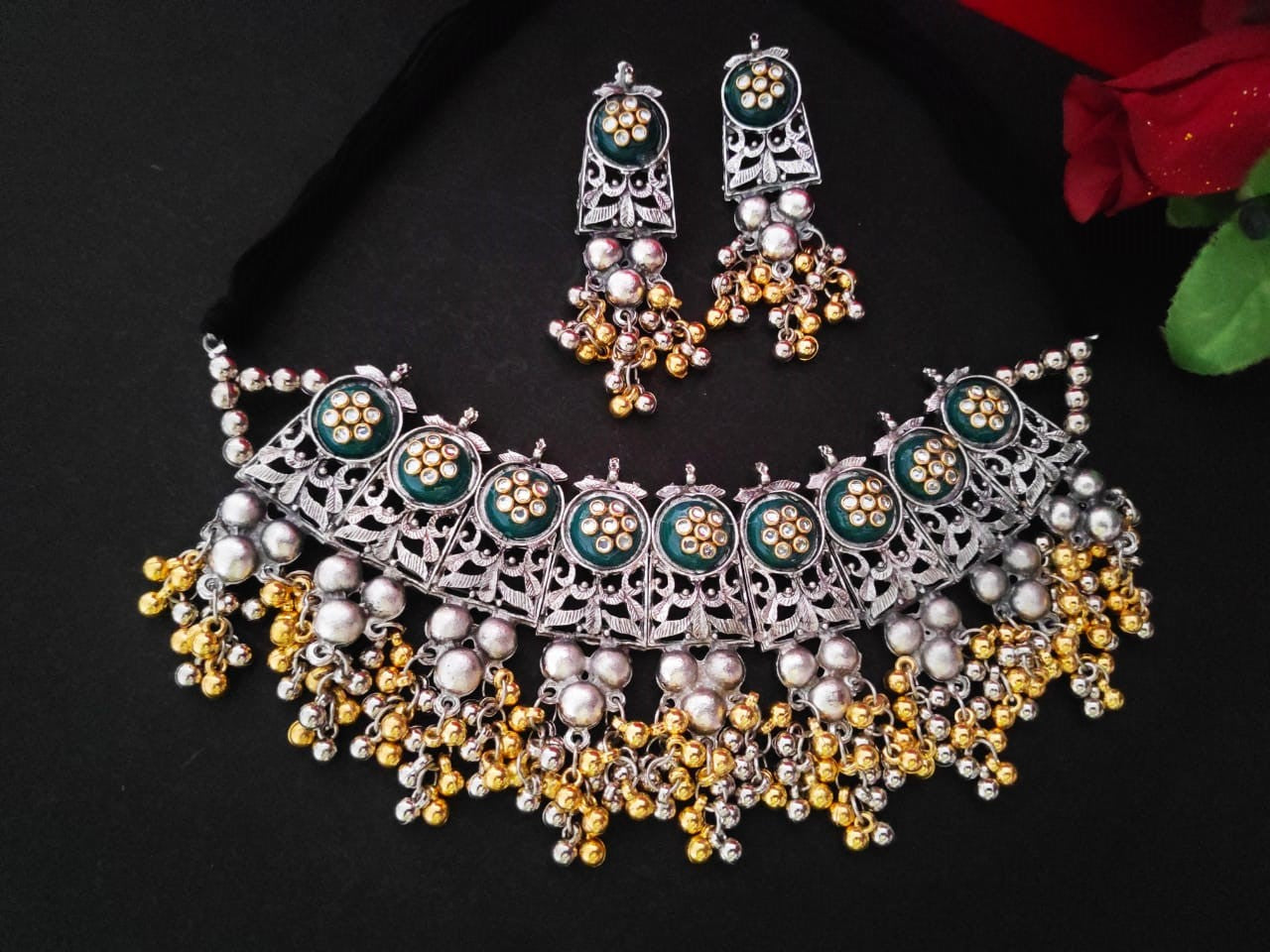 Harshali Dual Shade Oxidised Necklace Set