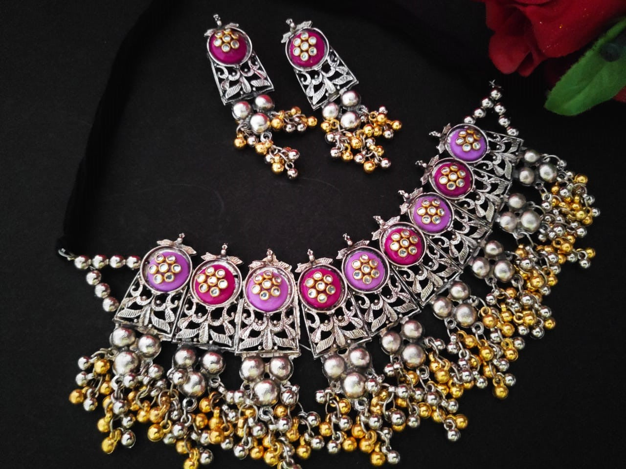 Harshali Dual Shade Oxidised Necklace Set