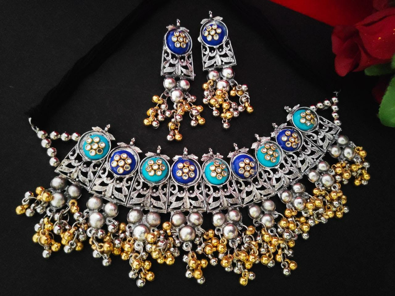 Harshali Dual Shade Oxidised Necklace Set