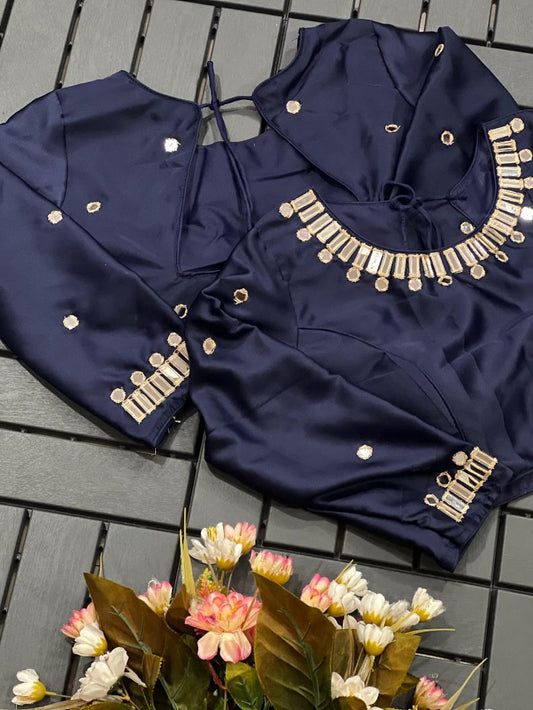 Navy Blue Long Sleeved Mirror Work Silk Blouse