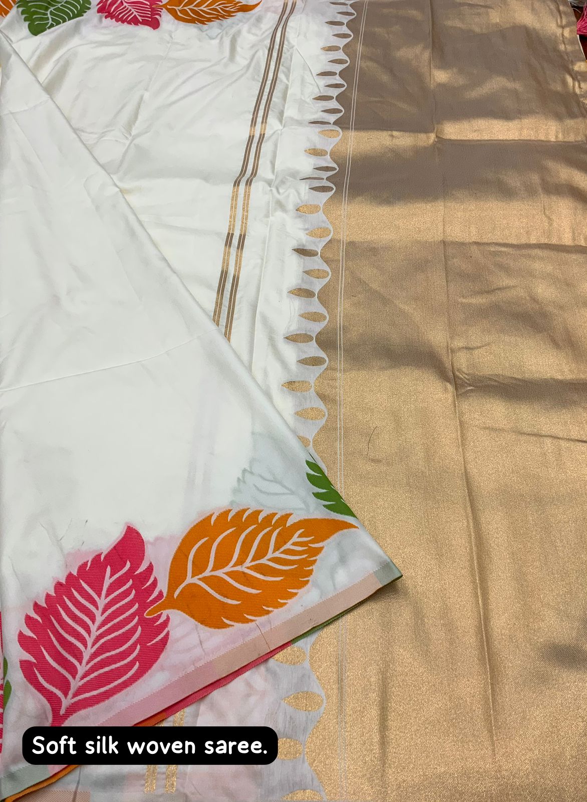 Ivory White Soft Silk Saree With Woven Leaves