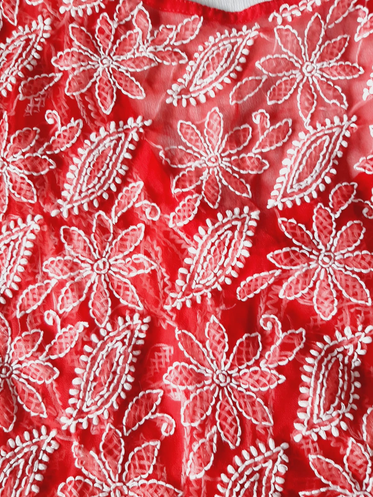 Red Angarkha Short Georgette Chikankari Kurti