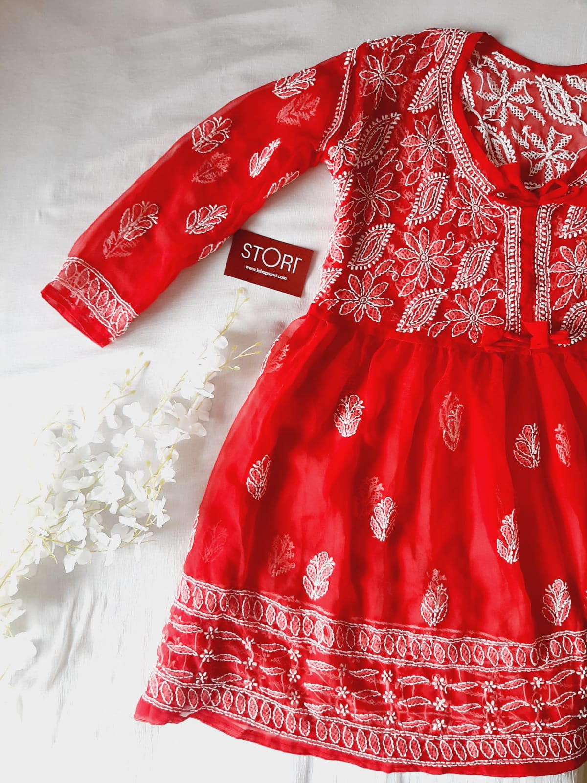 Red Angarkha Short Georgette Chikankari Kurti