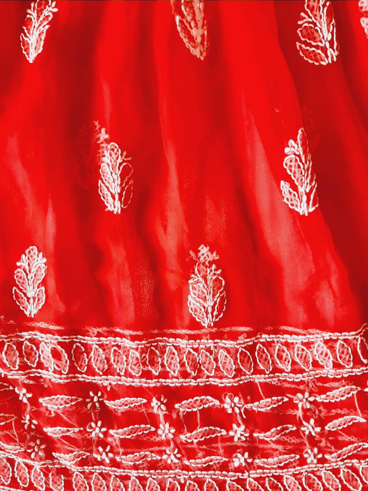 Red Angarkha Short Georgette Chikankari Kurti