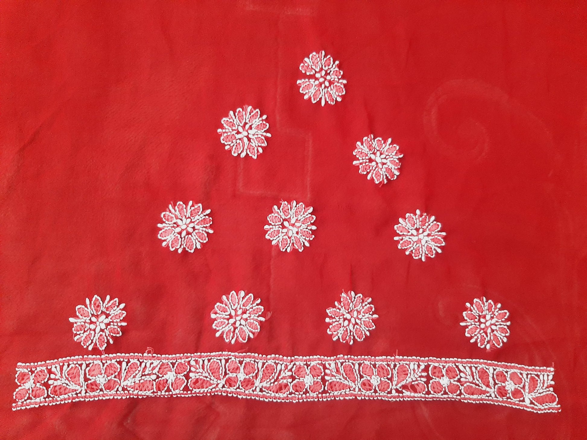 Red Noor Full Jaal Hand Embroidered Lucknowi Chikankari Saree