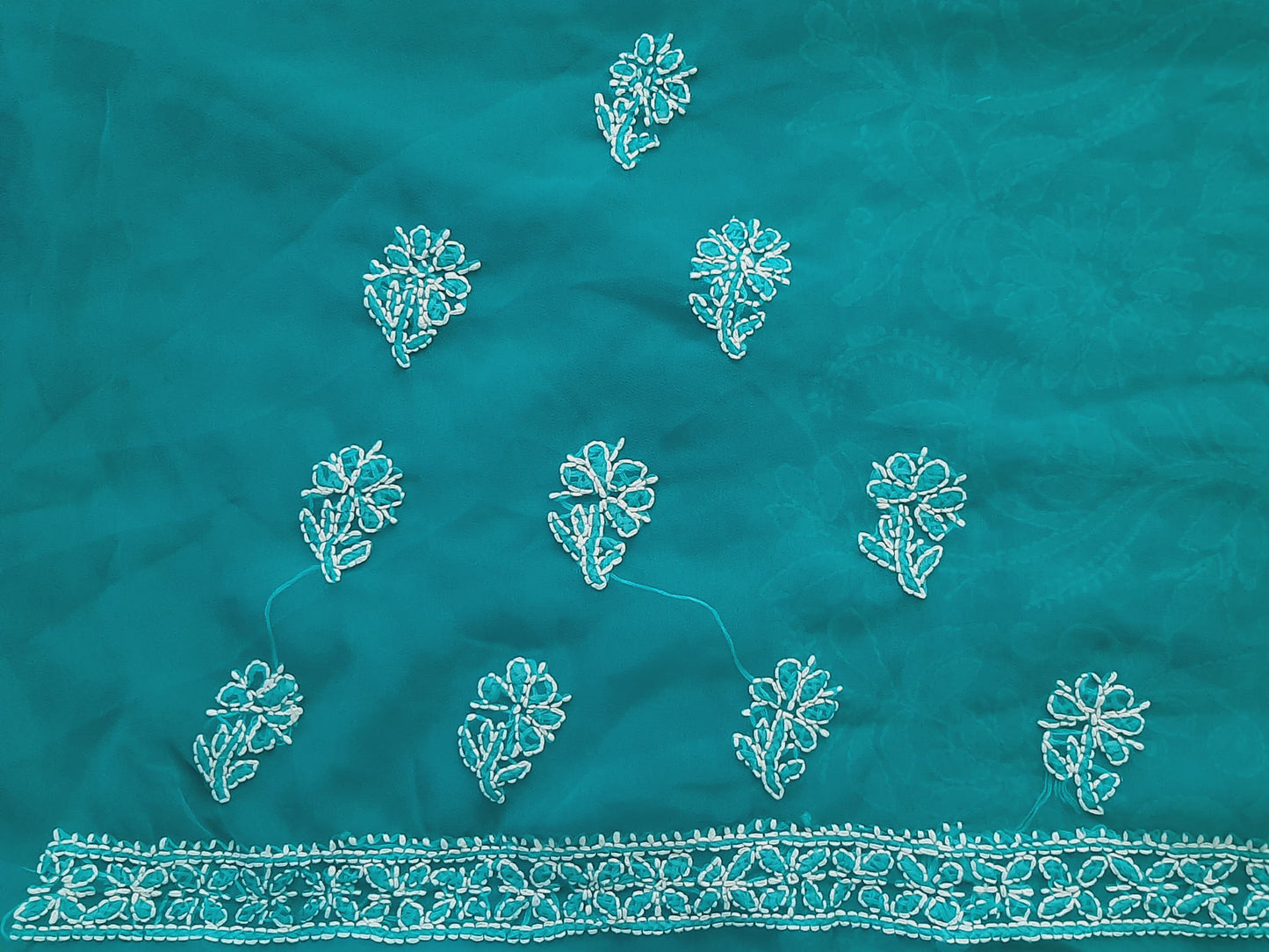 Rama Green Noor Full Jaal Hand Embroidered Lucknowi Chikankari Saree