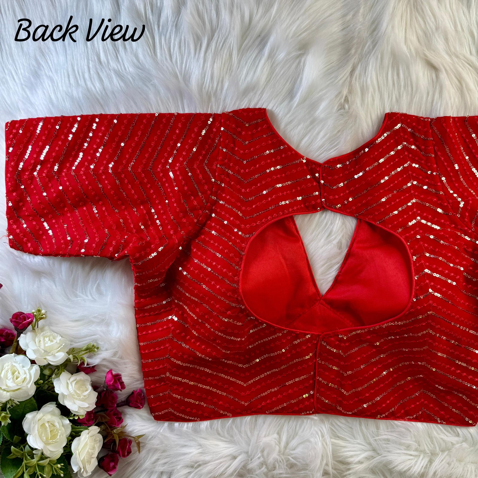 Red V-Neck Sequined Georgette Designer Blouse