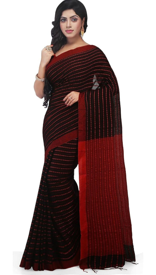 Red & Black Handloom Soft Cotton Saree