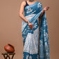 White & sky Blue Linen Saree With Silver Zari Border