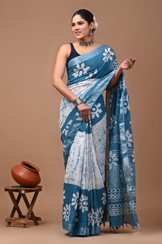 White & sky Blue Linen Saree With Silver Zari Border