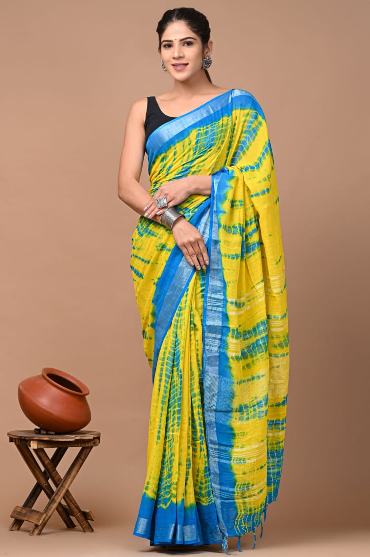 Buy Yellow Linen Saree Online-STORI