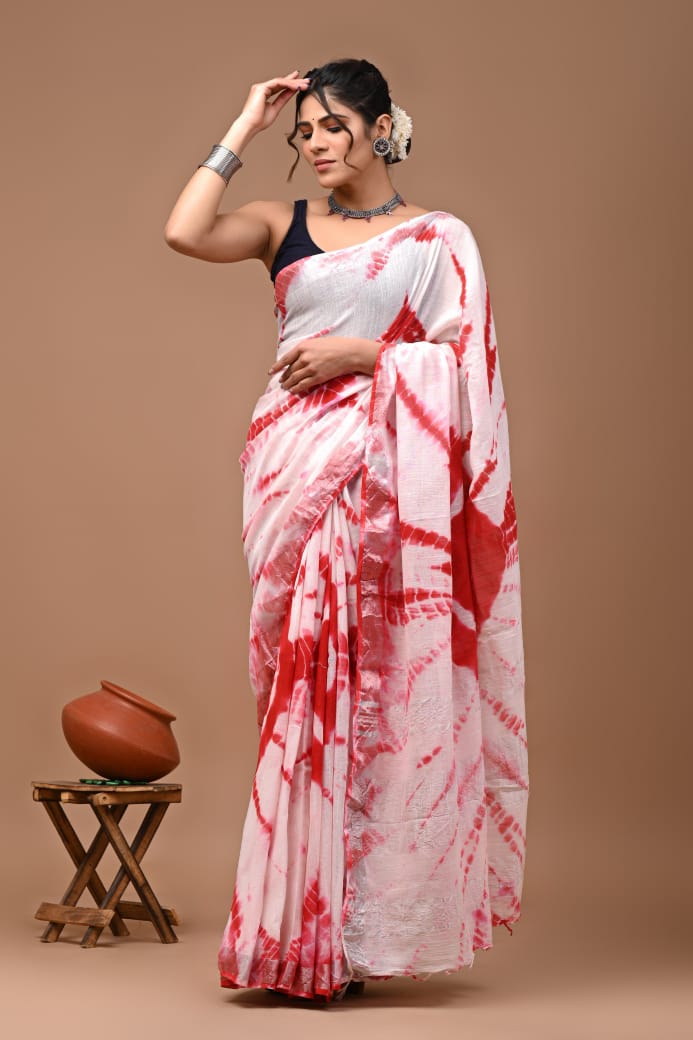  By Red  Linen Saree Online-STORI