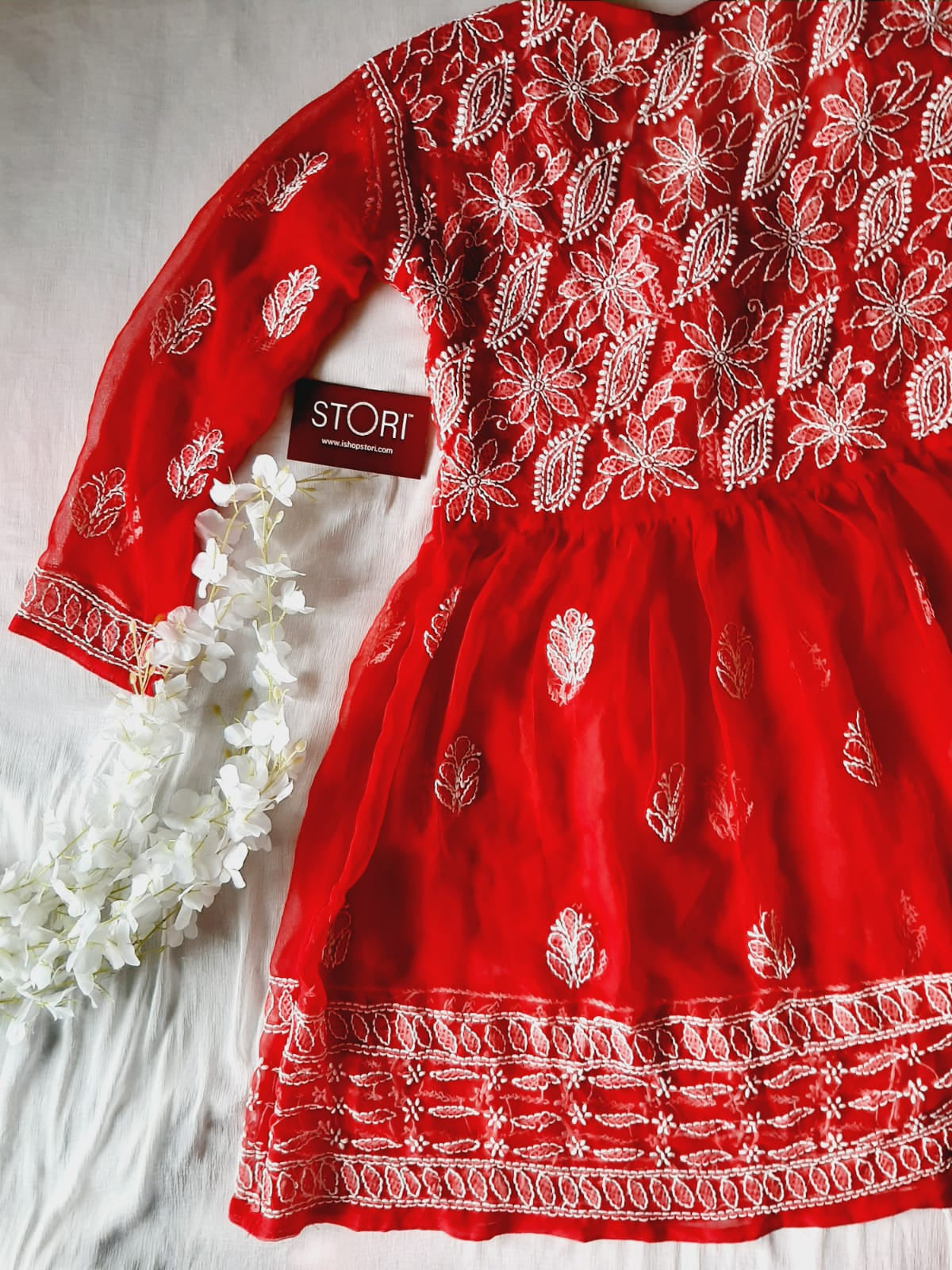 Red Angarkha Short Georgette Chikankari Kurti