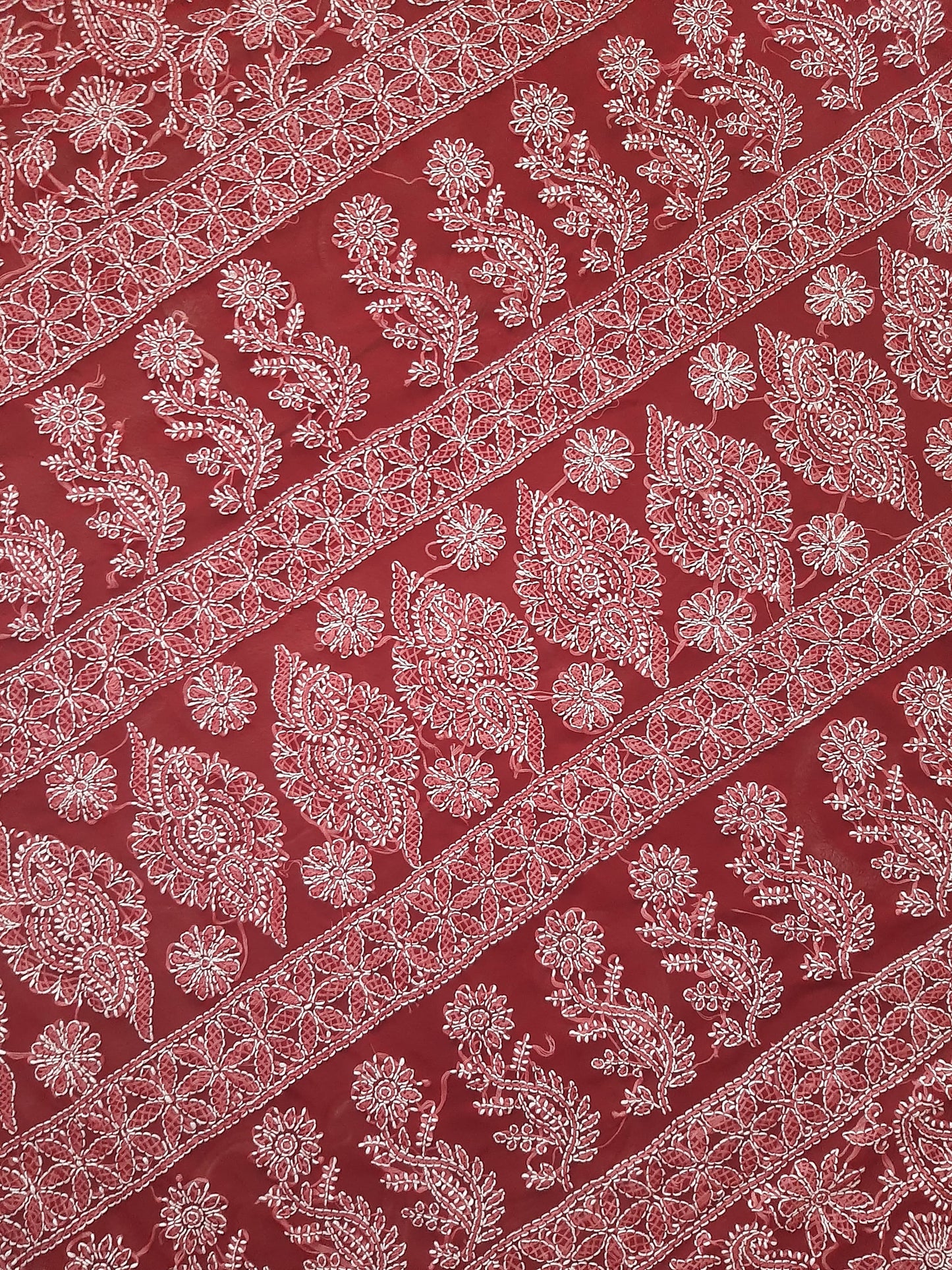 Deep Red Noor Full Jaal Hand Embroidered Lucknowi Chikankari Saree