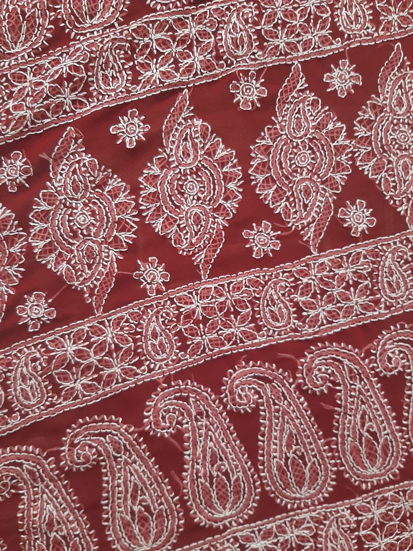 Deep Red Noor Full Jaal Hand Embroidered Lucknowi Chikankari Saree