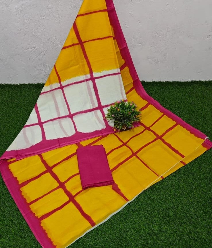 Yellow & Red Big Checks Cotton Mulmul Saree