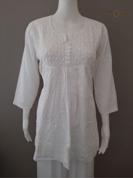 White Slub Cotton Handcrafted Chikankari Short Kurti