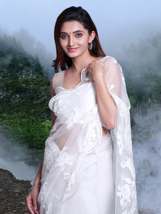 White-On-White Embroidered Net Saree