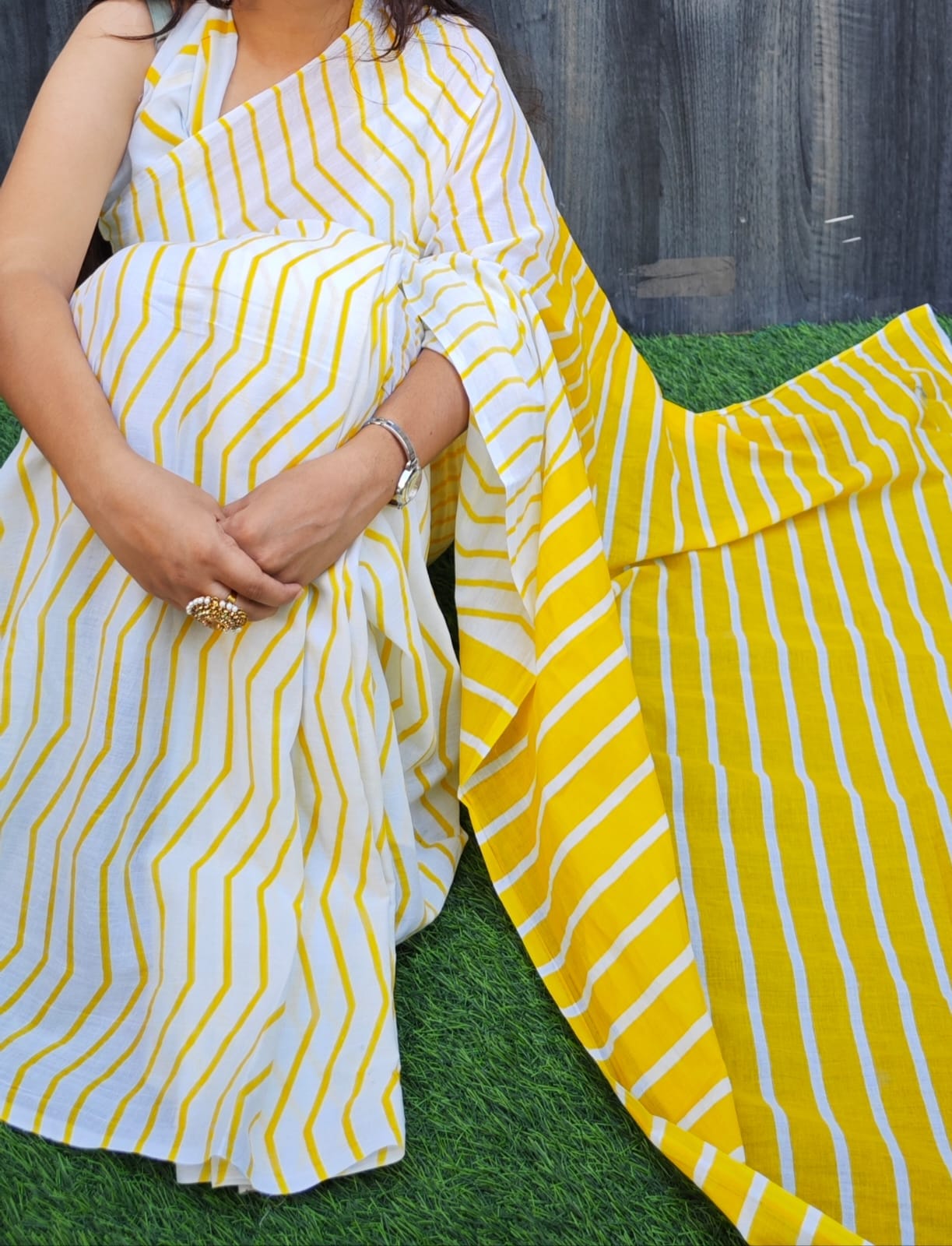 Yellow Chevron Printed Handloom Cotton Mulmul Saree