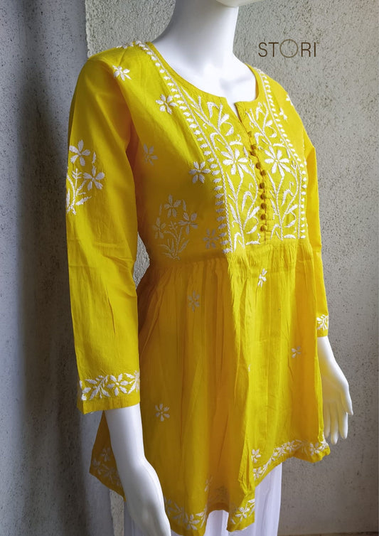 Sunshine Yellow Flared Cotton Short Chikankari Kurti