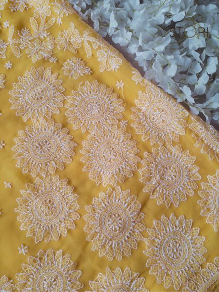 Yellow Surya Hand Embroidered Lucknowi Chikankari Saree