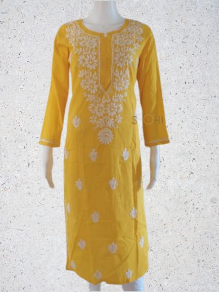 Prisha Magnolia Yellow Pure Cotton Straight Fit Chikankari Kurti