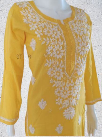 Prisha Magnolia Yellow Pure Cotton Straight Fit Chikankari Kurti