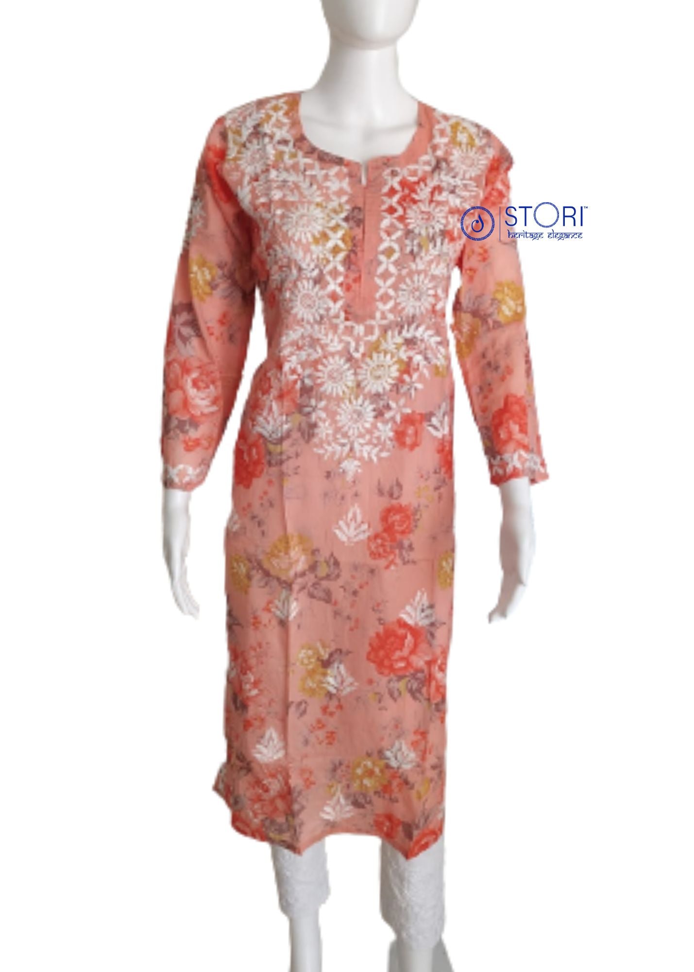 Floral Peach Cotton Mulmul Chikankari Kurti