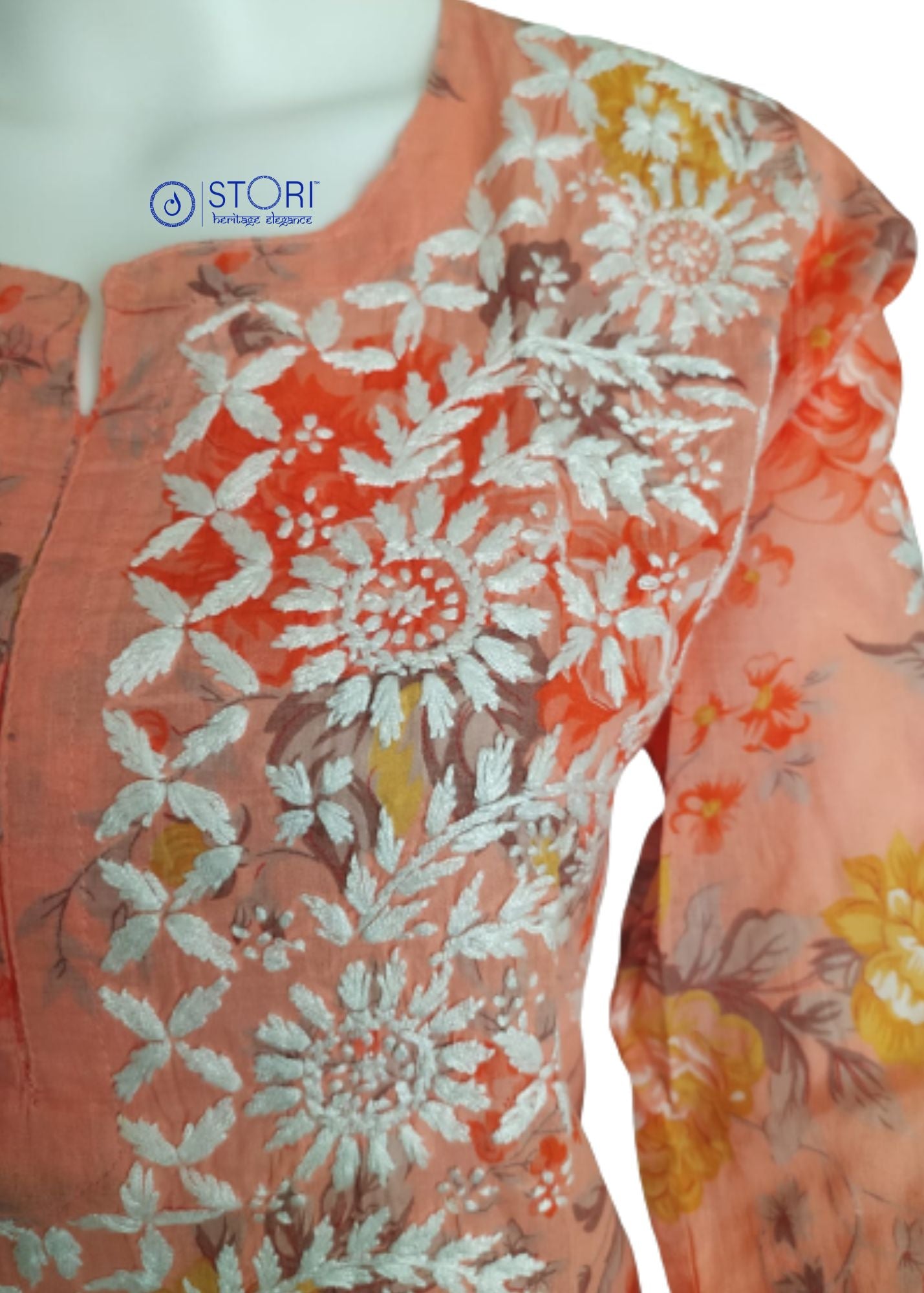 Floral Peach Cotton Mulmul Chikankari Kurti