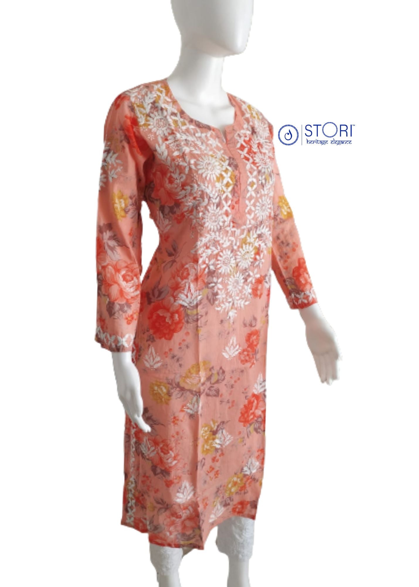 Floral Peach Cotton Mulmul Chikankari Kurti