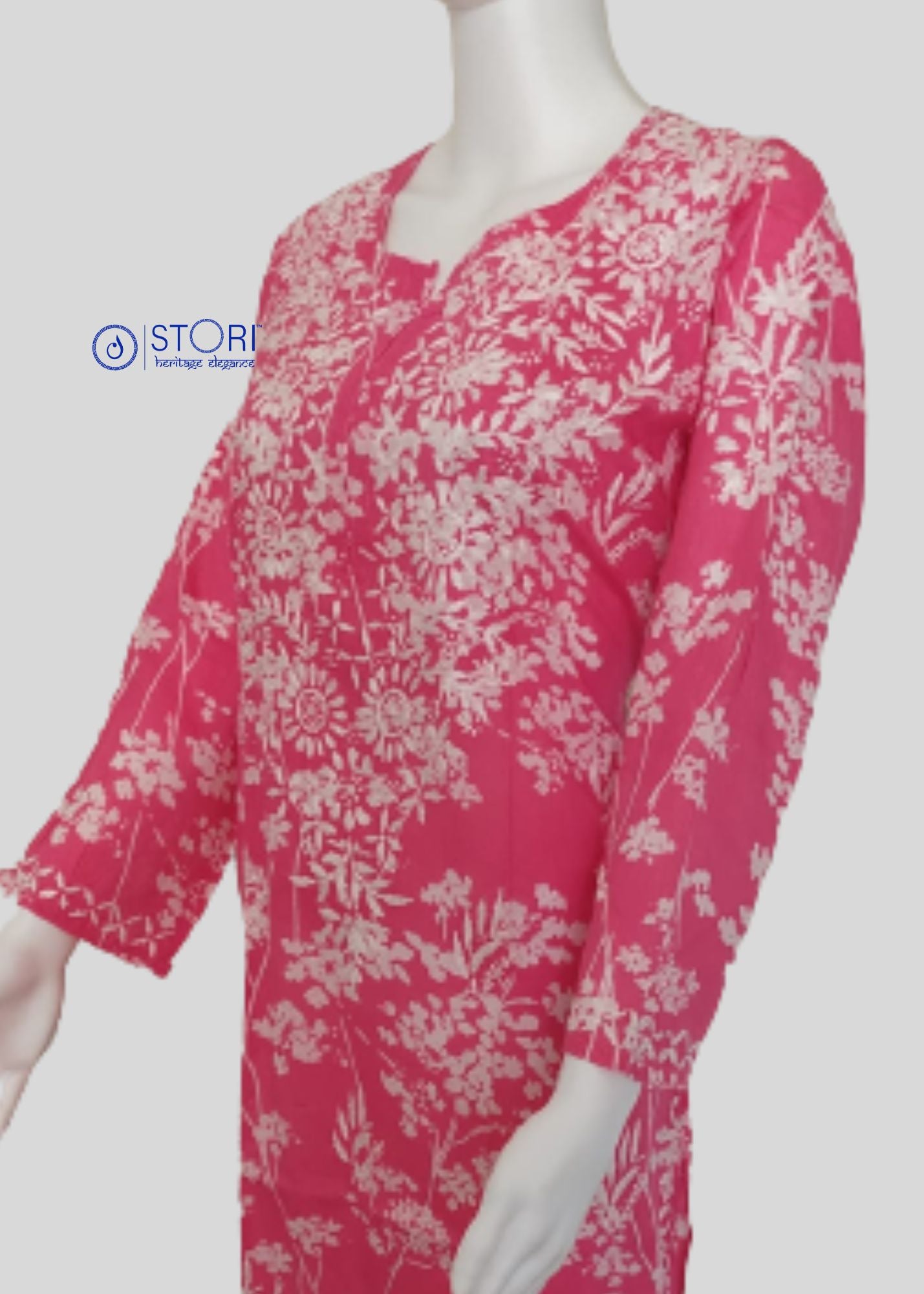 Bloom Bright Pink Printed Mulmul Cotton Chikankari Kurti