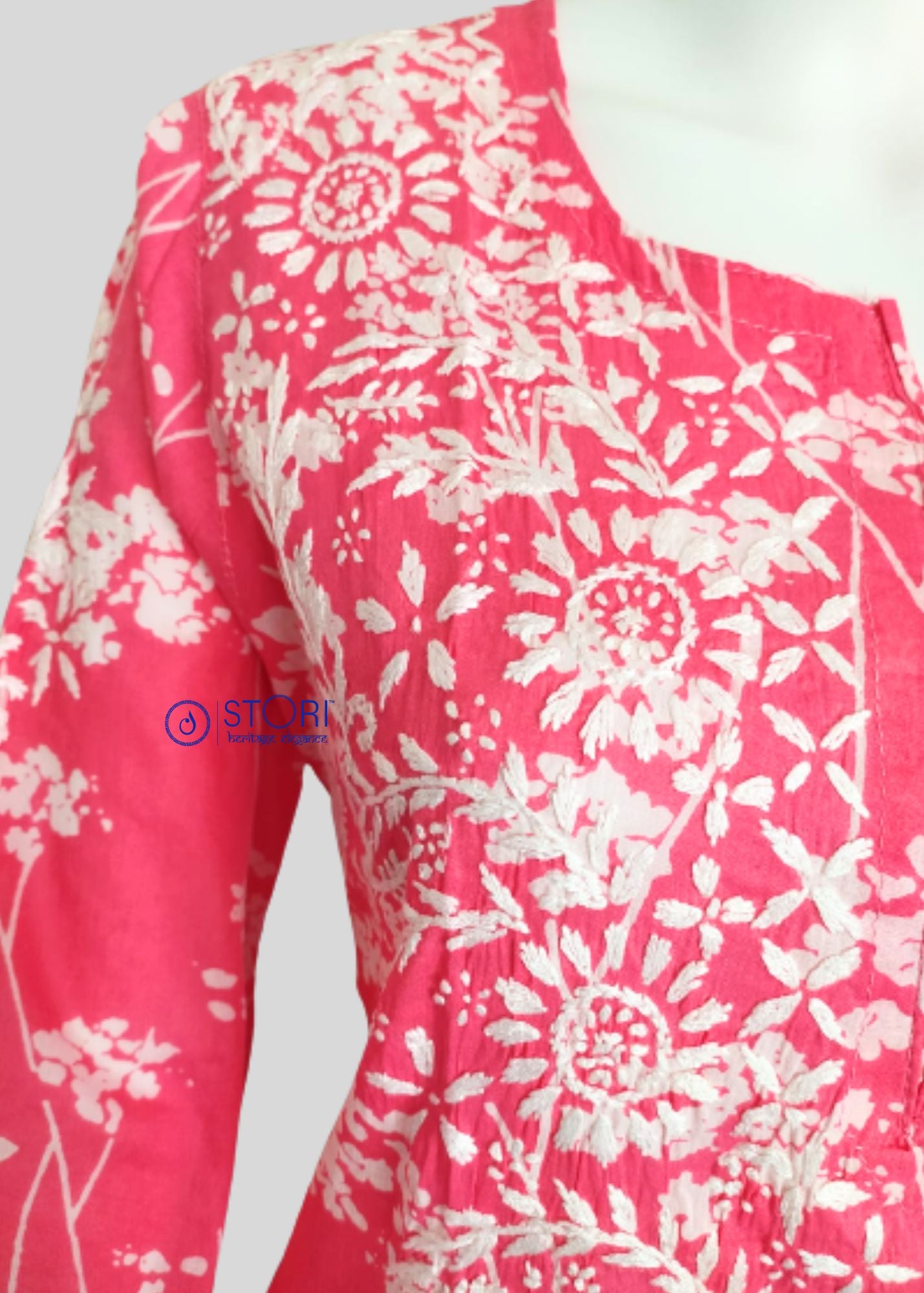 Bloom Bright Pink Printed Mulmul Cotton Chikankari Kurti