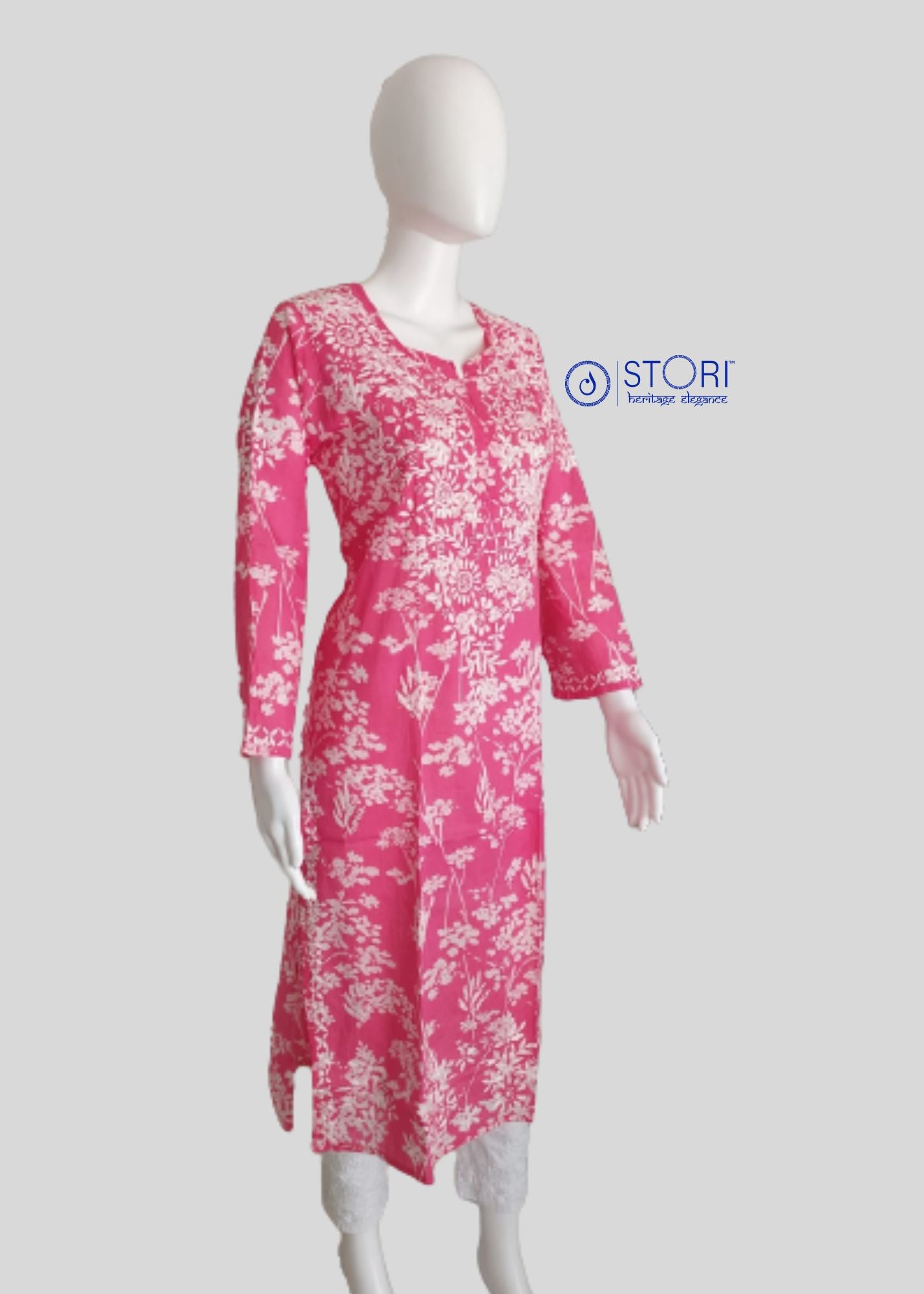 Bloom Bright Pink Printed Mulmul Cotton Chikankari Kurti