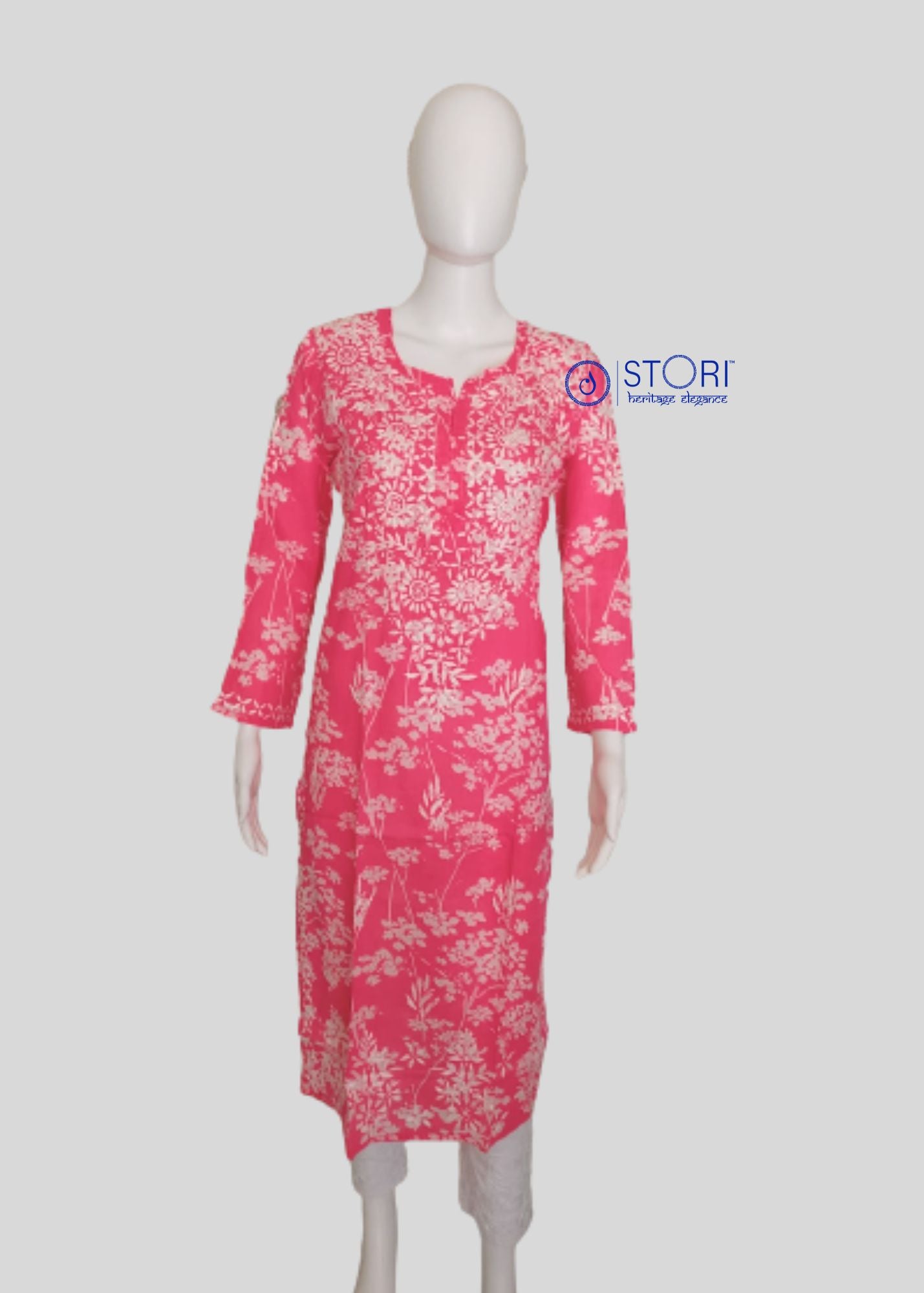 Bloom Bright Pink Printed Mulmul Cotton Chikankari Kurti