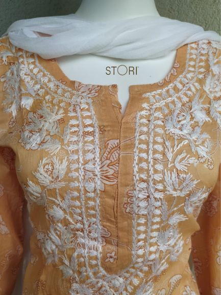 Niha Almond Brown Soft Cotton Mulmul Chikankari Kurti & Palazzo Set