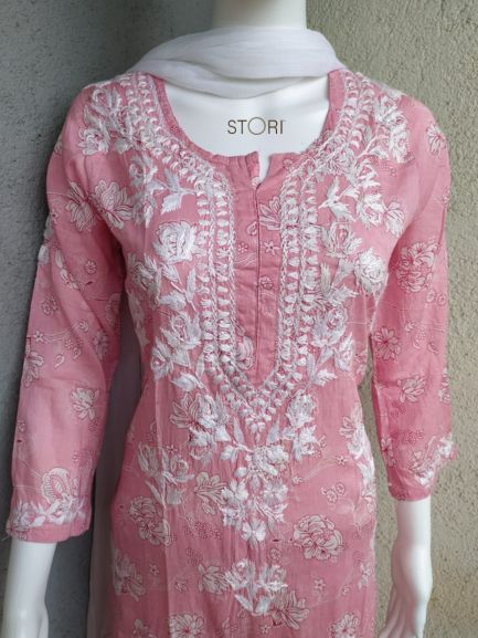 Niha Light Pink Soft Cotton Mulmul Chikankari Kurti & Palazzo Set