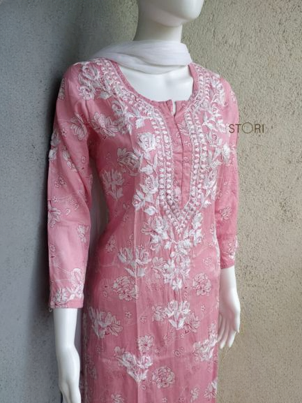 Niha Light Pink Soft Cotton Mulmul Chikankari Kurti & Palazzo Set