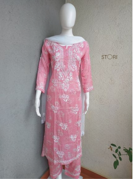 Niha Light Pink Soft Cotton Mulmul Chikankari Kurti & Palazzo Set