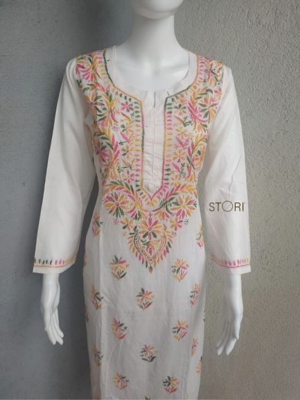 Avanya White Soft Cotton Chikankari Kurti With Multicolor Thread Embroidery