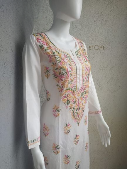 Avanya White Soft Cotton Chikankari Kurti With Multicolor Thread Embroidery