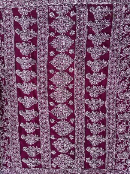 Wine Noor Full Jaal Hand Embroidered Lucknowi Chikankari Saree