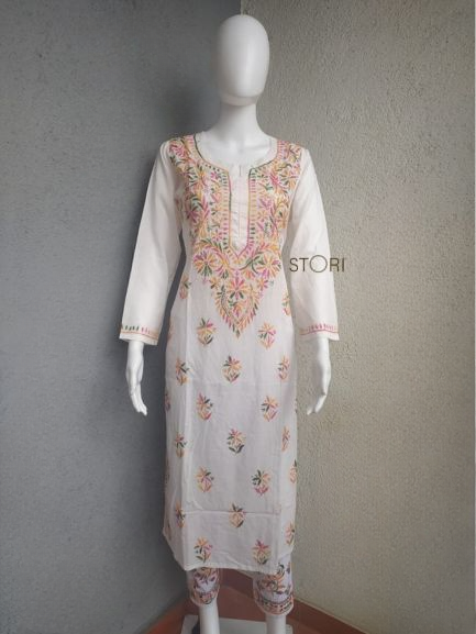 Avanya White Soft Cotton Chikankari Kurti With Multicolor Thread Embroidery