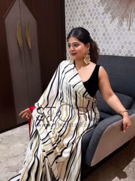 Ria Kriplani in Tisha Printed Stripes Satin Crepe Silk Saree