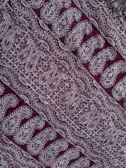 Wine Noor Full Jaal Hand Embroidered Lucknowi Chikankari Saree