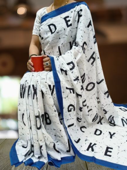 Alphabets Printed Handloom Cotton Mulmul Saree