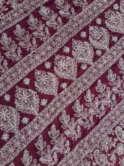 Wine Noor Full Jaal Hand Embroidered Lucknowi Chikankari Saree