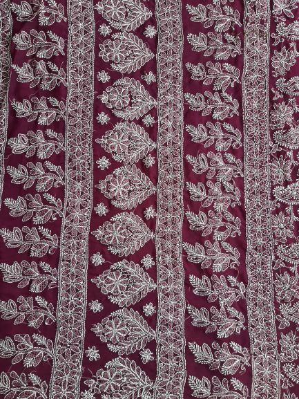 Wine Noor Full Jaal Hand Embroidered Lucknowi Chikankari Saree