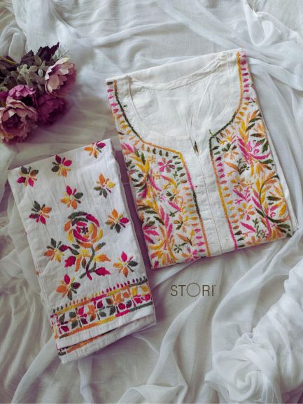 Avanya White Soft Cotton Chikankari Kurti & Lycra Pant Set With Multicolor Thread Embroidery